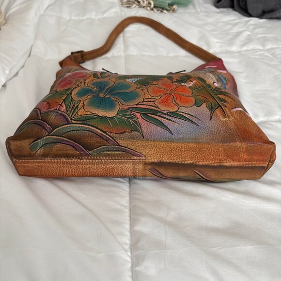 Anuschka Hand Painted Leather Satchel Bag Butterfly Floral Shoulder Bag - Picture 9 of 12